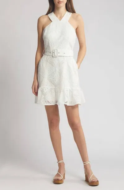Ciebon Lace Eyelet Belted Sleeveless Dress In White