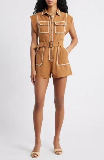 Ciebon Laurie Lace Belted Romper In Brown