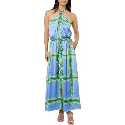 Ciebon Leche Scarf Print Halter Neck Satin Maxi Dress In Blue