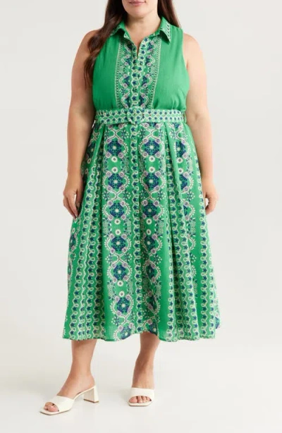 Ciebon Leena Sleeveless Belted Shirtdress In Green Multi