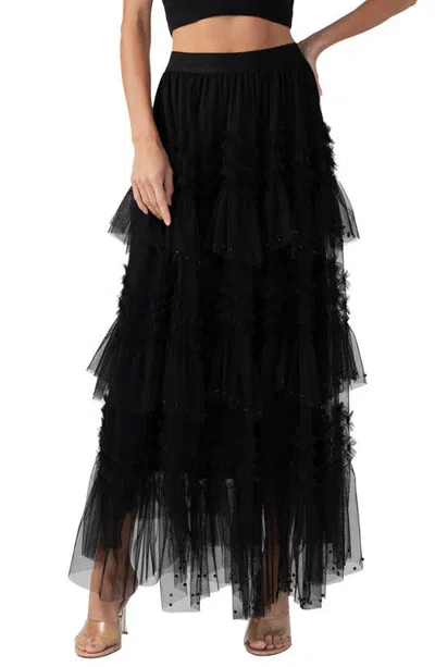 Ciebon Leia Ruffle Mesh Maxi Skirt In Black