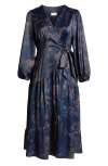 Ciebon Lilian Long Sleeve Satin Wrap Maxi Dress In Navy Multi