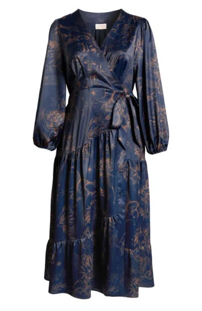 Ciebon Lilian Long Sleeve Satin Wrap Maxi Dress In Navy Multi