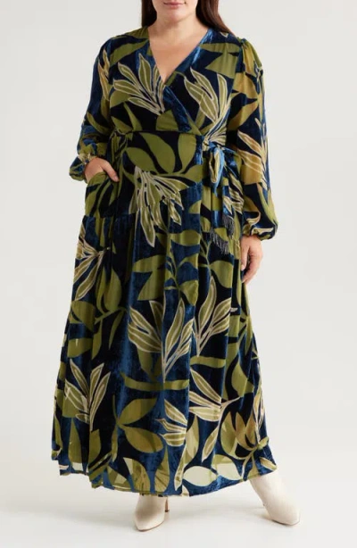 Ciebon Lilian Long Sleeve Velvet Wrap Maxi Dress In Navy/green
