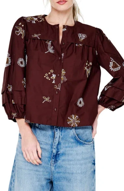 Ciebon Liliane Embroidered Cotton Poplin Shirt In Brown