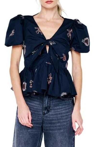 Ciebon Liyana Embroidered Tie Front Peplum Top In Black