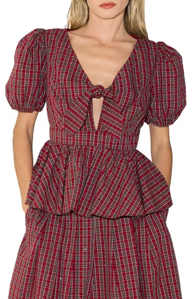 Ciebon Liyana Plaid Puff Sleeve Peplum Top In Multi