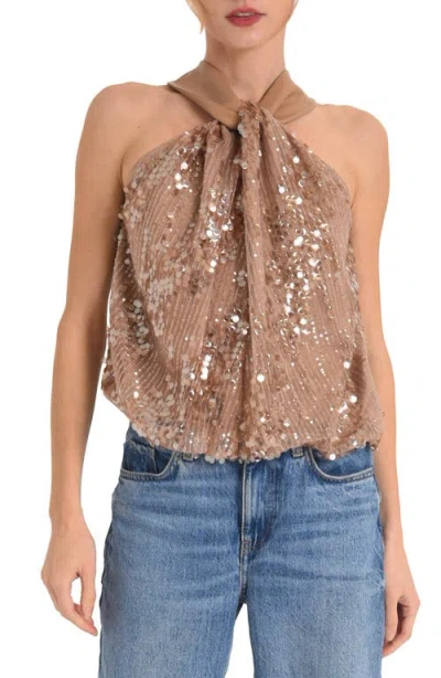 Ciebon Mae Sequin Twist Neck Sleeveless Top In Tan