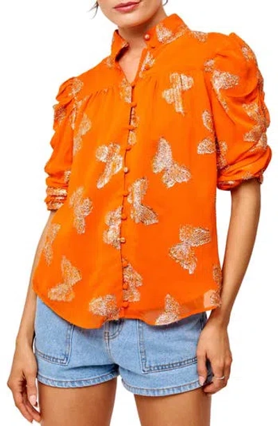 Ciebon Maggie Metallic Ruched Sleeve Shirt In Orange
