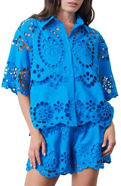 Ciebon Maiea Cotton Eyelet Button-up Shirt In Blue