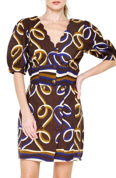 Ciebon Max Scalloped Neck Cotton Poplin Top In Brown Multi
