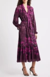 Ciebon Natalie Metallic Mixed Print Long Sleeve Dress In Burgundy
