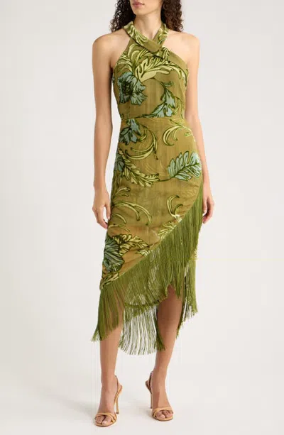 Ciebon Nella Asymmetric Fringe Midi Dress In Green