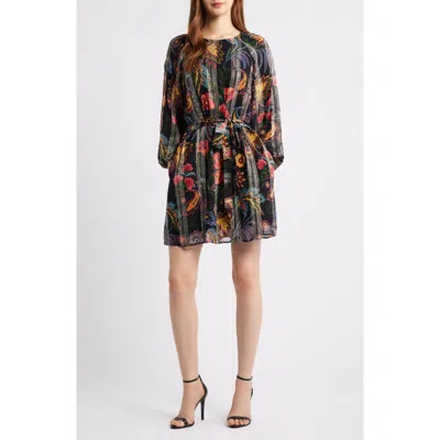 Ciebon Odette Floral Metallic Long Sleeve Belted Dress In Multi
