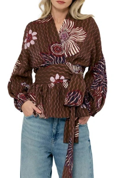 Ciebon Opal Floral Balloon Sleeve Wrap Top In Brown