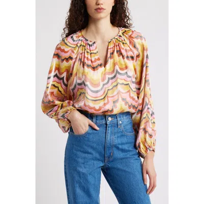Ciebon Oriana Wave Print Satin Blouse In Multi