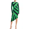 Ciebon Osha Directional Stripe Long Sleeve Asymmetric Knit Dress In Green/navy