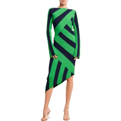 Ciebon Osha Directional Stripe Long Sleeve Asymmetric Knit Dress In Green/navy