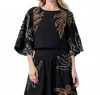 Ciebon Palm Tree 3/4 Sleeve Top In Black / Brown In Black