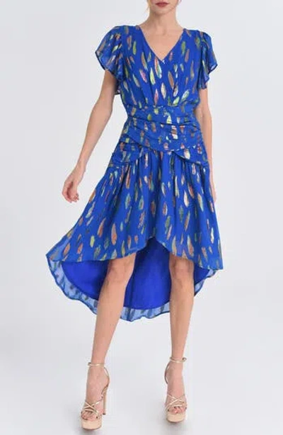 Ciebon Palmina Metallic Leaf Print High-low Dress In Blue