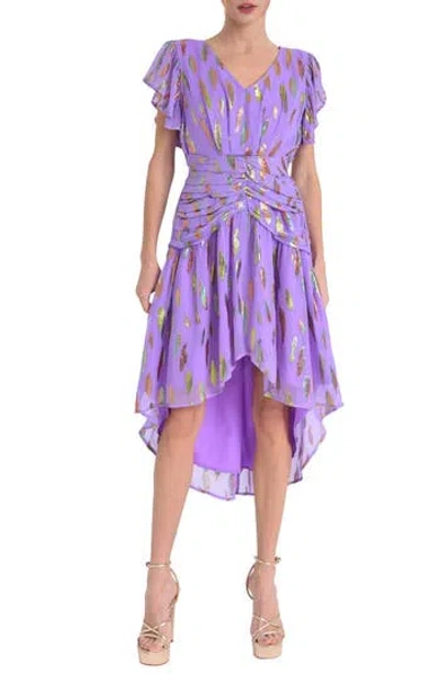 Ciebon Palmina Metallic Leaf Print High-low Dress In Purple