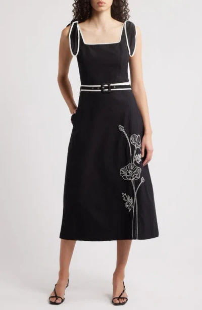 Ciebon Paola Embroidered Shoulder Tie Midi Dress In Black