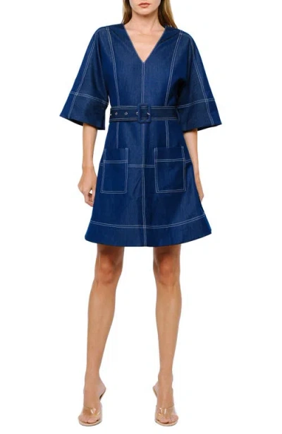 Ciebon Polly Topstitch Detail Denim Look Dress In Blue
