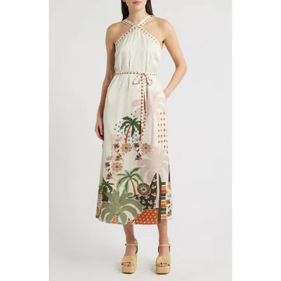 Ciebon Pricella Botanical Halter Neck Midi Dress In Cream Multi