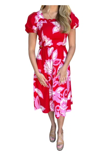 Ciebon Printed Puff Sleeve Midi Dress In Red