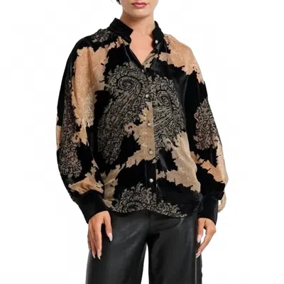 Ciebon Printed Velvet Burnout Batwing Button Down Top In Tan Black