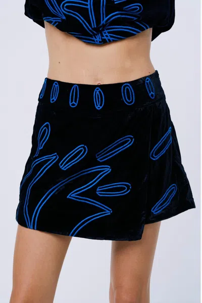 Ciebon Rena Embroidered Velvet Skort In Navy In Black