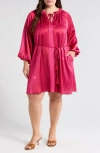 Ciebon Ritz Tie Waist Long Sleeve Satin Dress In Magenta