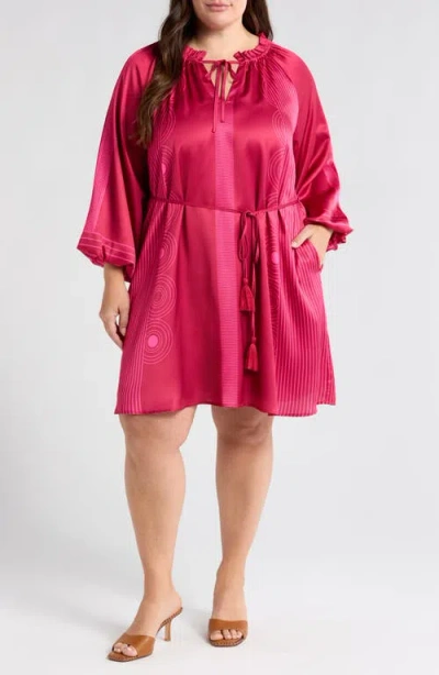 Ciebon Ritz Tie Waist Long Sleeve Satin Dress In Magenta