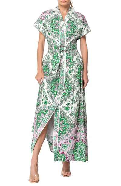 Ciebon Rosalyn Engineered Floral Printed Midi Shirt Dress In Green Multi
