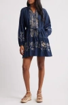 Ciebon Rosetta Embroidered Long Sleeve Cotton Minidress In Navy
