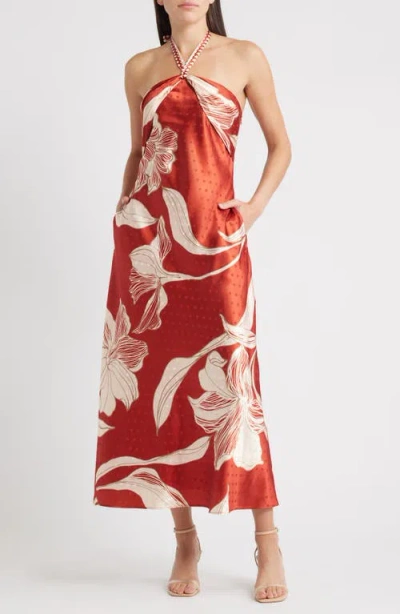 Ciebon Runie Floral Satin Halter Dress In Red