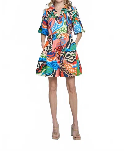 Ciebon Safari Bubble Sleeve Mini Dress In Multicolor In Blue