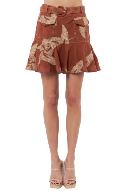 Ciebon Sayla Embroidered Detail Cotton Miniskirt In Brown