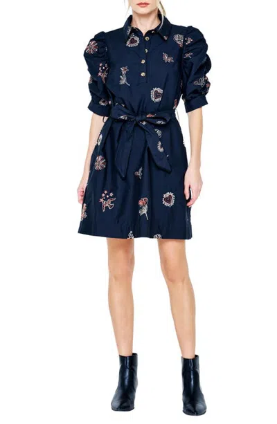 Ciebon Scarlette Floral Embroidery Cotton Shirtdress In Blue