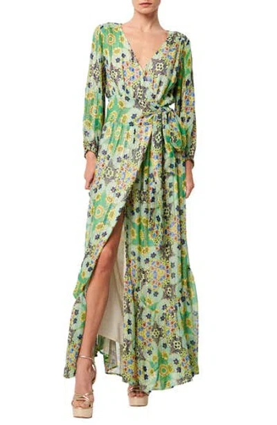 Ciebon Shani Print Metallic Long Sleeve Wrap Maxi Dress