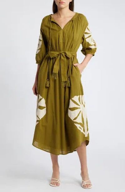 Ciebon Tiana Embroidered Cotton Midi Dress In Green/tan | ModeSens