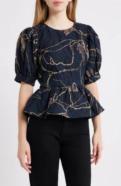 Ciebon Tonje Metallic Puff Sleeve Peplum Top In Blue