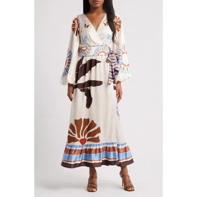 Ciebon Willow Print Long Sleeve Satin Maxi Dress In Brown Multi 2