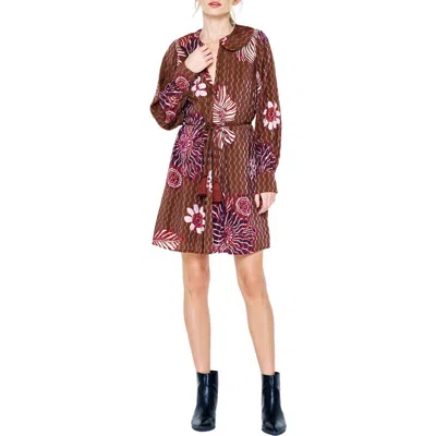 Ciebon Willow Print Tie Waist Long Sleeve Dress In Brown