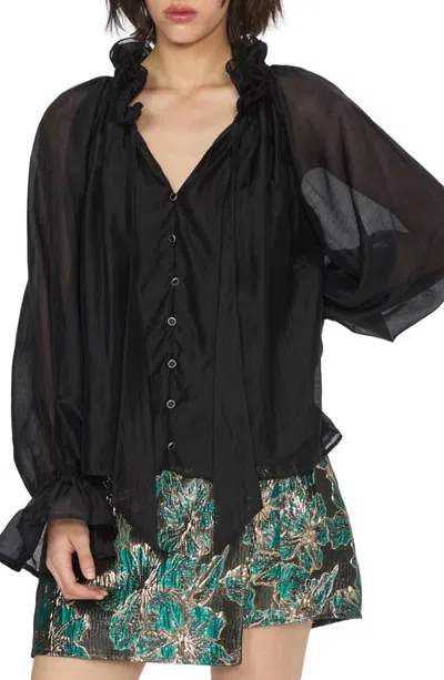 Ciebon Ziva Ruffle Tie Neck Shirt In Black