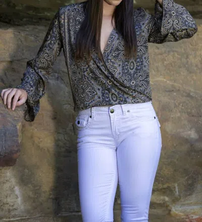 Cienna Astrid Wrap Top In Blue, Grey, Golden Honey Print In Gray