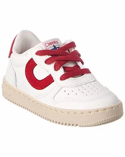 Cienta Kid's Circle Laced Leather Sneakers In White / Red
