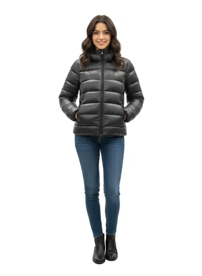 Ciesse Piumini Shiny Padded Hooded Jacket With Horizontal Stripes In Black