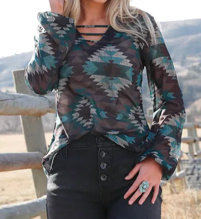 Cinch Aztec V-neck Blouse In Black/teal In Multi