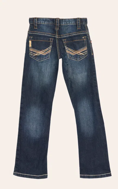 Cinch Boy's Dark Wash Mid Rise Embroidered Back Pockets Relaxed Fit Arena Flex Bootcut Jeans (8-18) In Blue